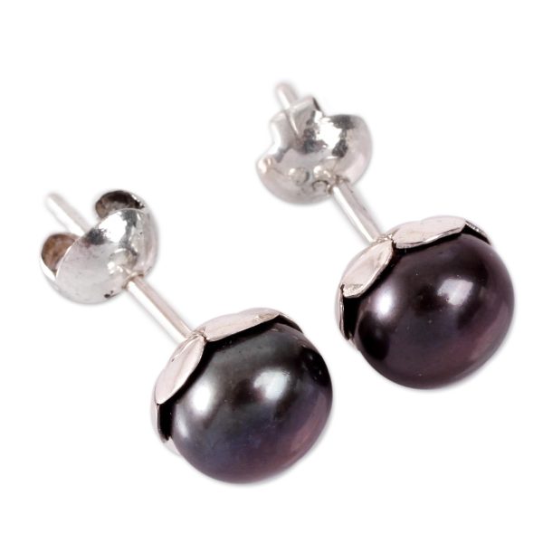 Black Nascent Flower Handcrafted Black Cultured Pearl Stud Earrings For Sale