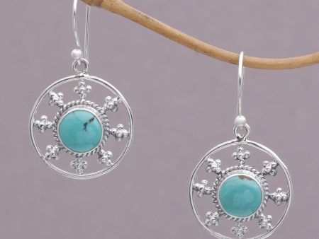 Blue-Green Sunrise Round Magnesite Dangle Earrings Crafted in Bali For Sale