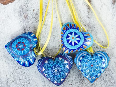 Blue Zapotec Heart 4 Zapotec Hand Painted Blue Wood Heart Ornaments Online Hot Sale