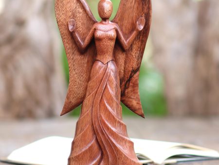 Angel in Heaven Hand Carved Suar Wood Angel Statuette For Sale