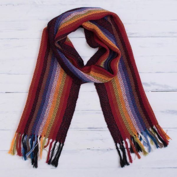 Andean Rainbow Rainbow 100% Alpaca Striped Scarf from Peru For Sale