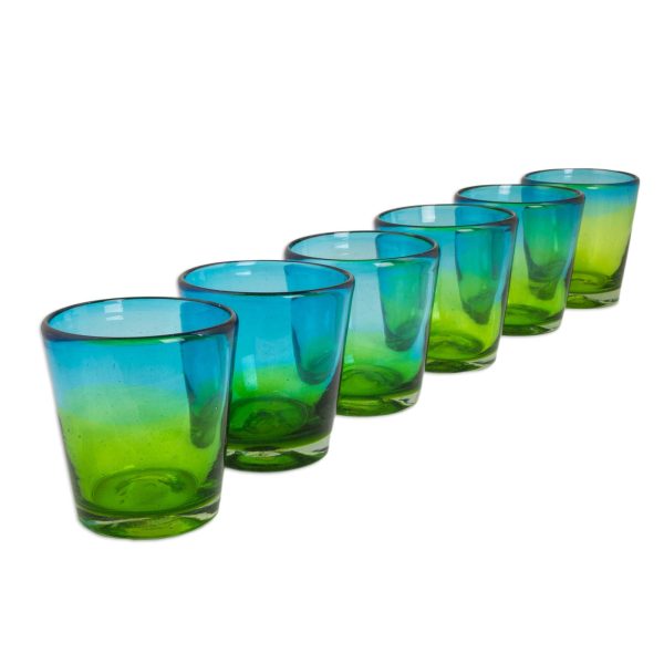 Aurora Tapatia Mexican Green Blue 8 oz Rocks Glasses Hand Blown Set of 6 Online