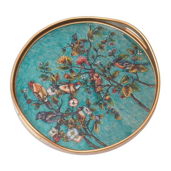 Birds of Spring Floral Reverse-Painted Glass Tray in Turquoise from Peru For Sale