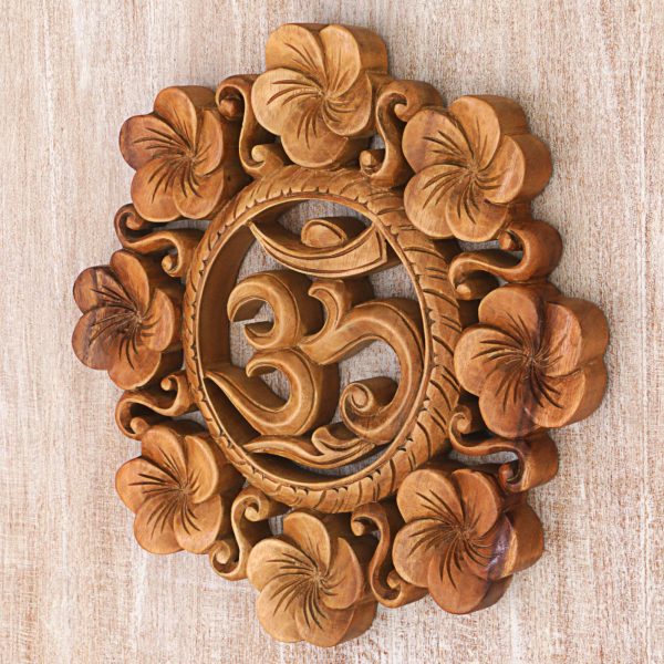 Blooming Om Suar Wood Wall Relief Panel Floral Om from Indonesia Cheap