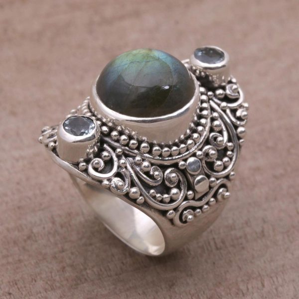 Beguiling Soul Labradorite and Blue Topaz Cocktail Ring from Bali For Sale