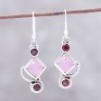 Beauty of the Horizon Garnet and Pink Chalcedony Dangle Earrings Handmade in India For Discount