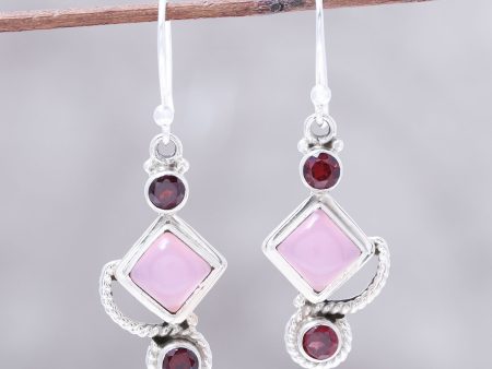 Beauty of the Horizon Garnet and Pink Chalcedony Dangle Earrings Handmade in India For Discount