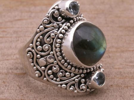 Beguiling Soul Labradorite and Blue Topaz Cocktail Ring from Bali For Sale