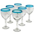 Aquamarine Kiss Clear with Aqua Rim Hand Blown 8 oz Wine Glasses (Set of 6) Fashion