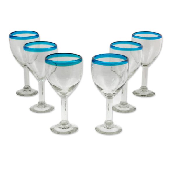 Aquamarine Kiss Clear with Aqua Rim Hand Blown 8 oz Wine Glasses (Set of 6) Fashion