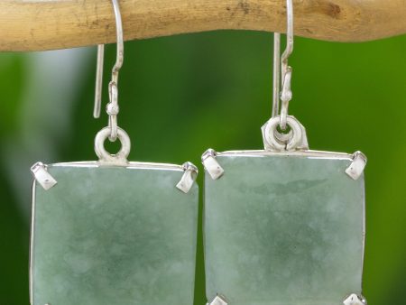 Abstract Square Minimalist Silver and Apple Green Jade Artisan Earrings For Cheap