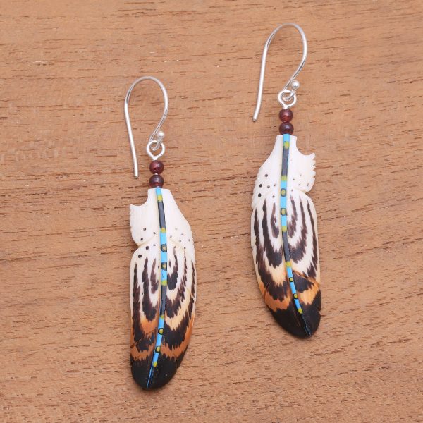 Antique Feathers Hand-Painted Bone and Amethyst Feather Dangle Earrings Online Sale