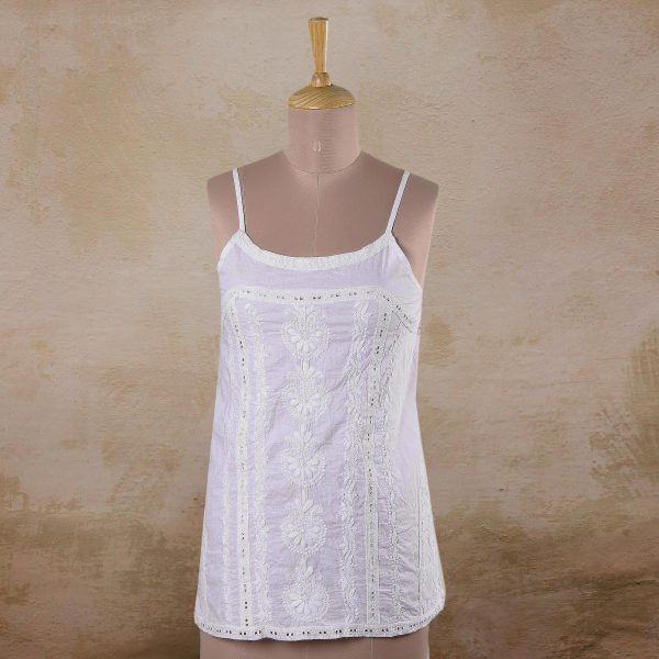 Beautiful Summer Floral Embroidered White Cotton Tank Top from India Discount