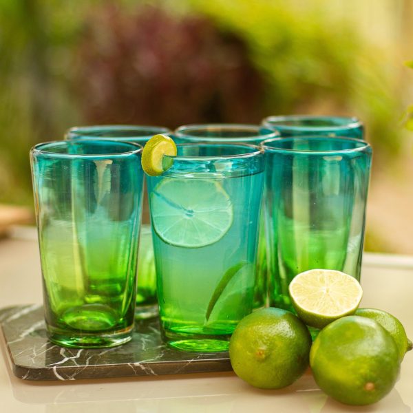 Aurora Tapatia 6 Artisan Crafted Blue Green Blown Glass Highball Glasses Online Hot Sale