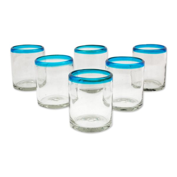 Aquamarine Kiss Set of 6 Clear with Aqua Rim Hand Blown 8 oz Juice Glasses For Discount