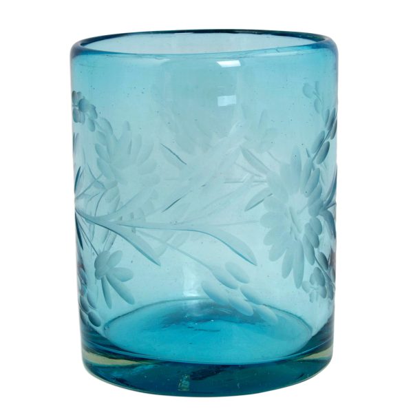 Aquamarine Sunflowers Engraved Pepita Flowers on Hand Blown Rocks Glassed Set of 6 Cheap