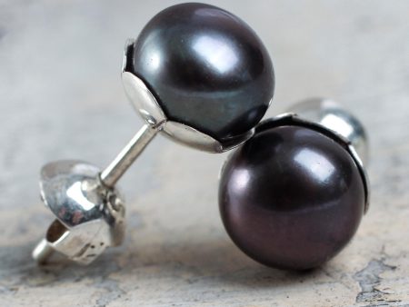 Black Nascent Flower Handcrafted Black Cultured Pearl Stud Earrings For Sale