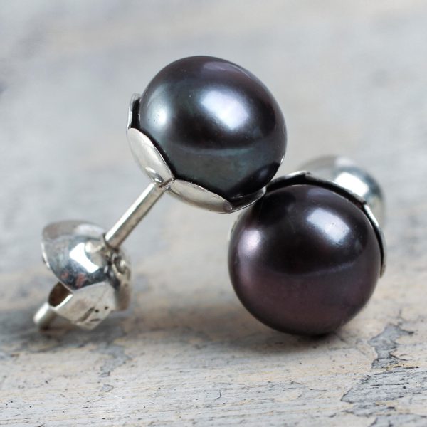 Black Nascent Flower Handcrafted Black Cultured Pearl Stud Earrings For Sale