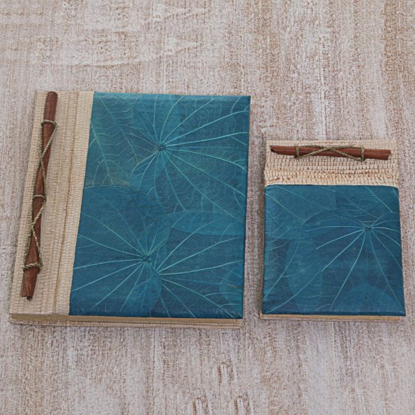 Autumn Spirit in Blue Handcrafted Pair of Rice Paper Notebooks from Indonesia For Cheap