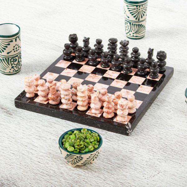 Black and Pink Challenge Marble Chess Set in Black and Pink from Mexico (7.5 in.) Supply