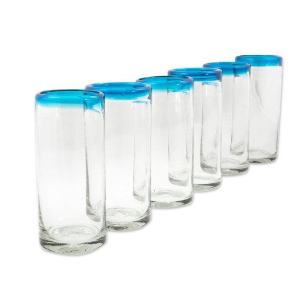 Aquamarine Kiss Set of 6 Aqua Rim Hand Blown Clear 11 oz High Ball Glasses Fashion