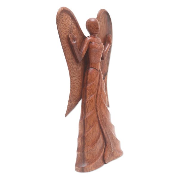 Angel in Heaven Hand Carved Suar Wood Angel Statuette For Sale