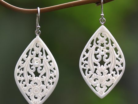 Bali Windows Hand-Carved Floral Bone Dangle Earrings from Bali For Discount