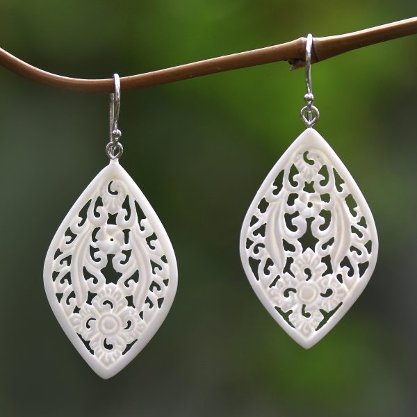 Bali Windows Hand-Carved Floral Bone Dangle Earrings from Bali For Discount