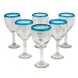 Aquamarine Kiss Clear with Aqua Rim Hand Blown 8 oz Wine Glasses (Set of 6) Fashion