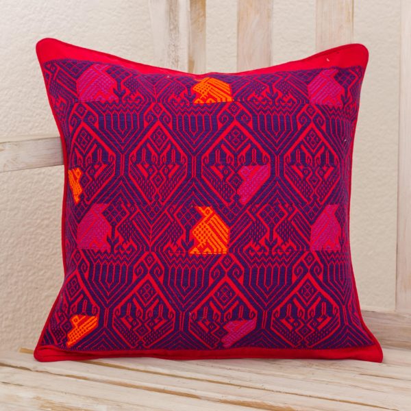 Birds in Color Handwoven Maya Backstrap Loom Red and Purple Cushion Cover Hot on Sale