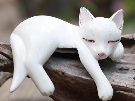 Lounging Cat in White Hand Carved Suar Wood Cat Statuette Discount