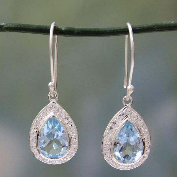 Azure Dewdrop Sterling Silver and 3 ct Blue Topaz Dangle Earrings Cheap