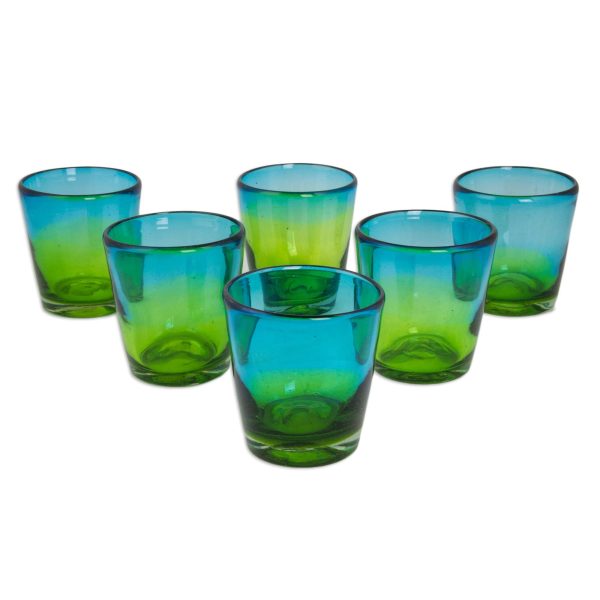 Aurora Tapatia Mexican Green Blue 8 oz Rocks Glasses Hand Blown Set of 6 Online