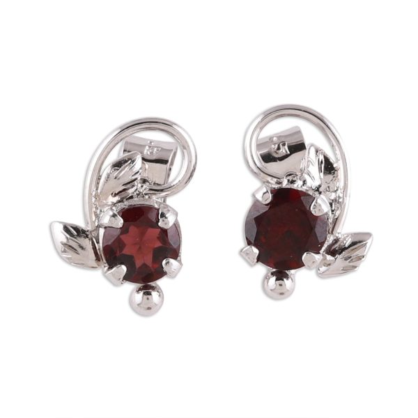 Blissful Radiance Leafy Rhodium Plated Garnet Stud Earrings from India Fashion