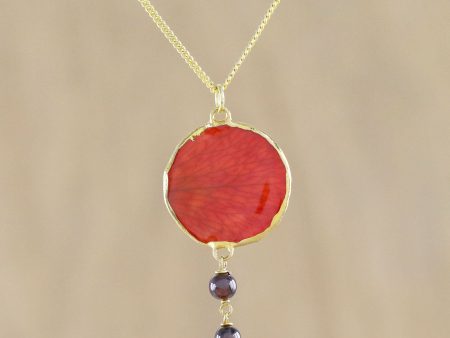 Autumn Red Rose Garnet and Gold Plated Natural Rose Petal Pendant Necklace Online now