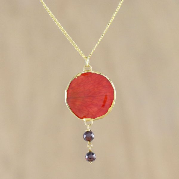 Autumn Red Rose Garnet and Gold Plated Natural Rose Petal Pendant Necklace Online now