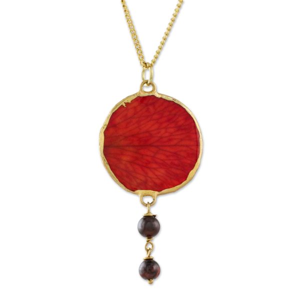 Autumn Red Rose Garnet and Gold Plated Natural Rose Petal Pendant Necklace Online now