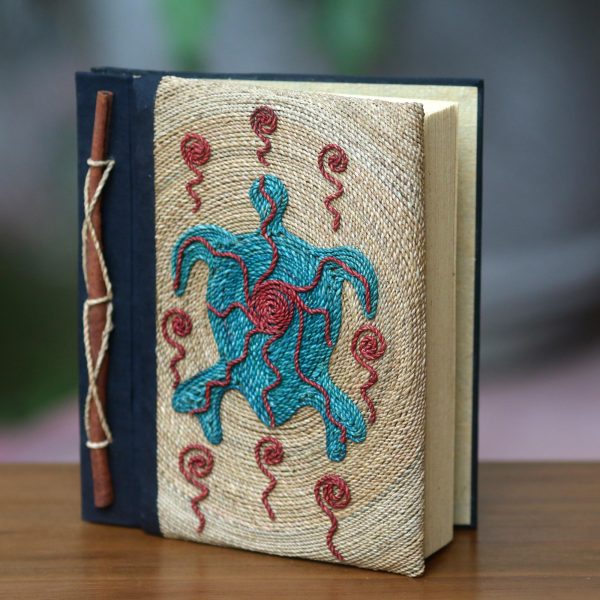 Blue Turtle Handmade Natural Fiber Blank 50-pg Journal with Turtle Motif on Sale