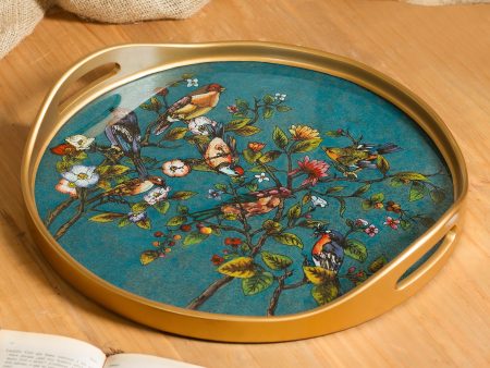 Birds of Spring Floral Reverse-Painted Glass Tray in Turquoise from Peru For Sale