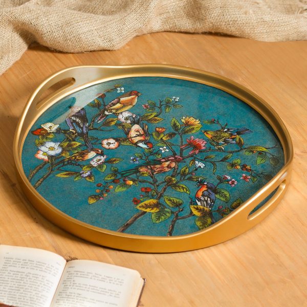 Birds of Spring Floral Reverse-Painted Glass Tray in Turquoise from Peru For Sale