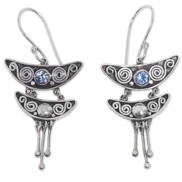 Balinese Pagoda Balinese Sterling Silver and Blue Topaz Dangle Earrings For Discount