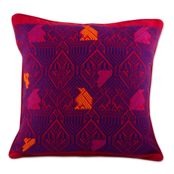 Birds in Color Handwoven Maya Backstrap Loom Red and Purple Cushion Cover Hot on Sale