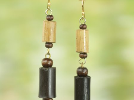 African Homestead Bamboo and Sese Wood Dangle Earrings Brass Hooks from Ghana For Sale