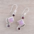 Beauty of the Horizon Garnet and Pink Chalcedony Dangle Earrings Handmade in India For Discount