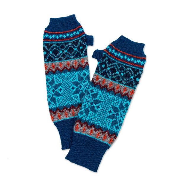 Andean Snowfall 100% Alpaca Fingerless Gloves in Azure and Smoke from Peru Cheap