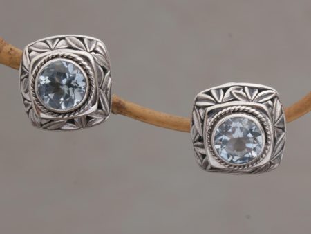 Bamboo Shade Blue Topaz and Sterling Silver Button Earrings from Bali For Sale