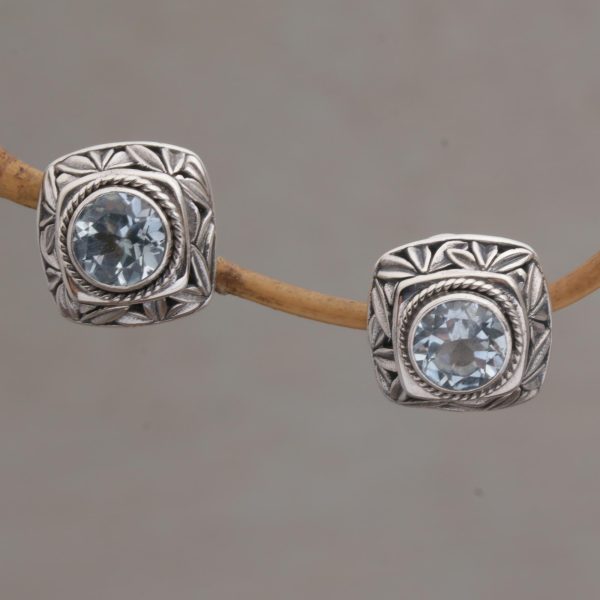 Bamboo Shade Blue Topaz and Sterling Silver Button Earrings from Bali For Sale