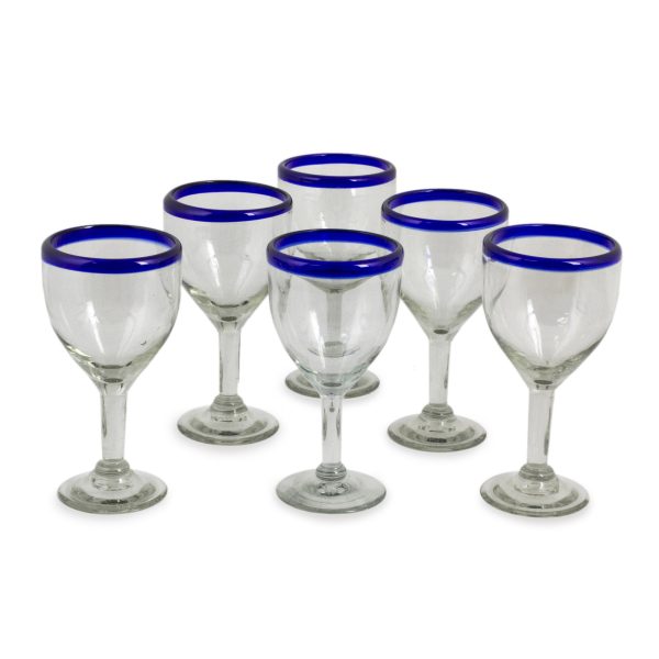 Blue Cancun Handblown Glass Recycled Wine Drinkware Goblets (Set of 6) For Cheap