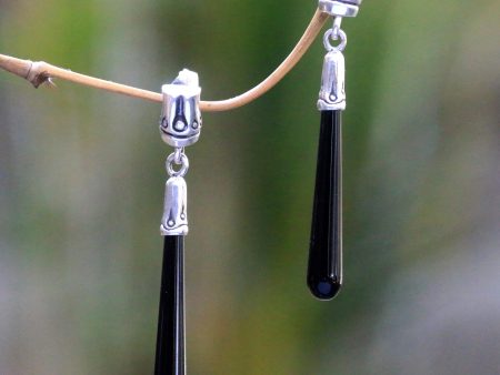 Black Wand Artisan Crafted Onyx and Sterling Silver Dangle Earrings For Cheap