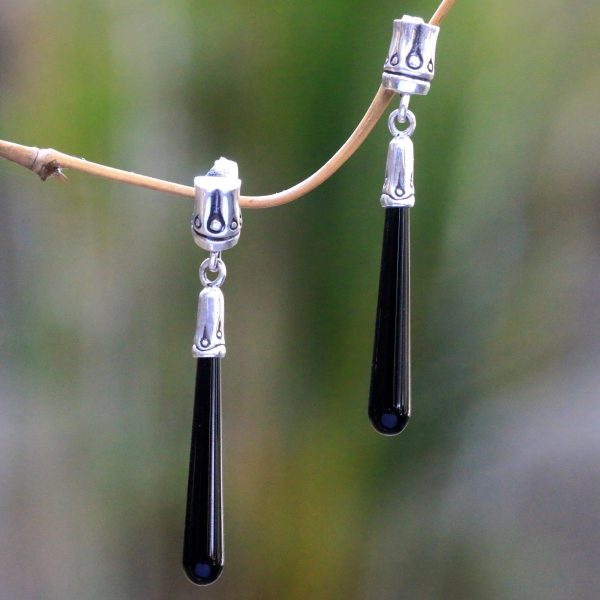 Black Wand Artisan Crafted Onyx and Sterling Silver Dangle Earrings For Cheap